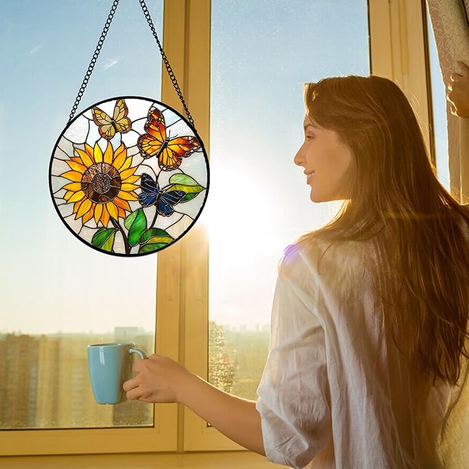 Stained Glass Window Hanging, Butterfly and Sunflowers Sun Catchers Glass Panel Plant Insects Suncatcher Decor for Birthday for Women, Men, Wife, Aunt, and Mom 11.8x11.8 in
