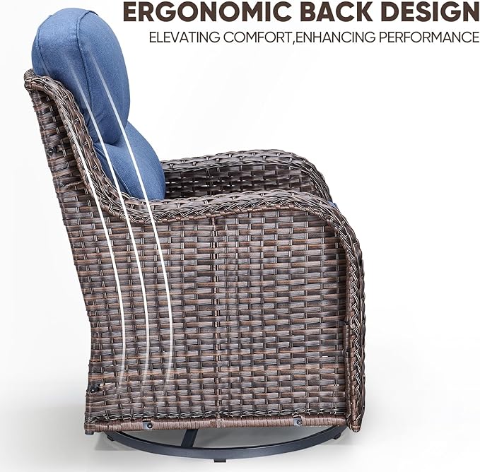 Swivel Patio Chairs sofa Set of 4 with 6" Thick Cushion - Wicker Outdoor Swivel Rocker Patio Chair ,Sofa/Glass coffee table, High Back Comfortable Outdoor Glider Chairs - Brown Wicker | Blue Cushions