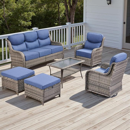 Rilyson Wicker Outdoor Patio Furniture Set - 6 Piece Patio Conversation Sets with Swivel Rocker Chairs, Ottomans, Sofa and Table, 6 inch Cushions, Deep Seating, for Porch Deck Mixed Grey/Blue