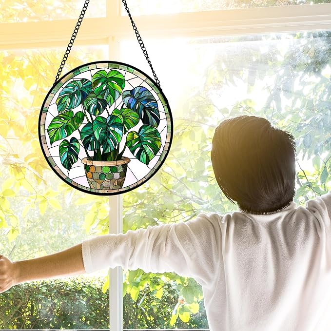 Stained Glass Window Hanging, Green Plant Monstera t Suncatcher Diamond Colorful Glass Panel Sun Catchers Decor for Birthday for Women, Men, Wife, Aunt, and Mom 11.8x11.8 in
