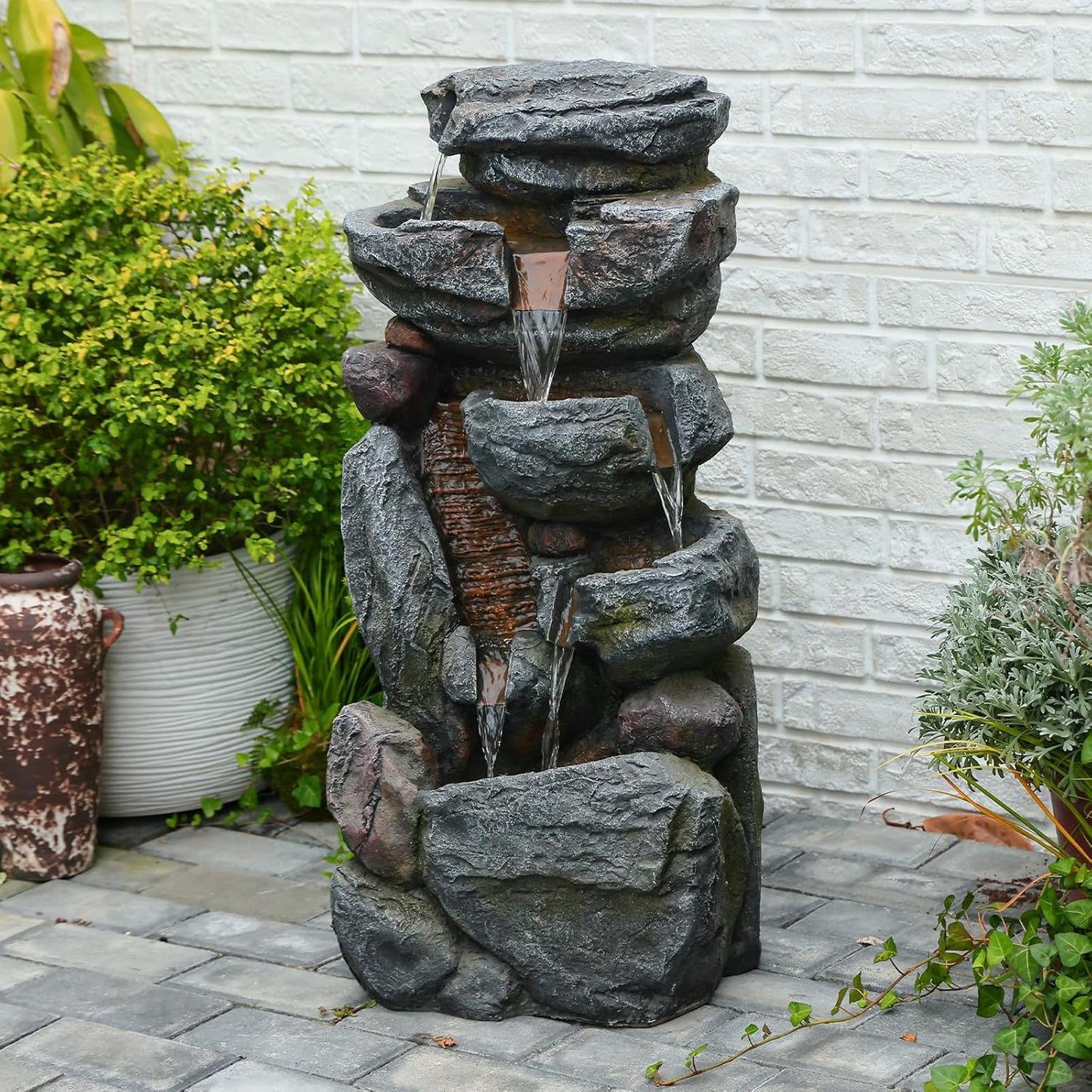 The 5-Tiered Rock Water Fountain Outdoor&Indoor, 31.5’’H Floor-Standing Garden Fountains, Stone Feature and Waterfall with Lights for Patio, Backyard, Deck, Porch, Home DéCor, Gray