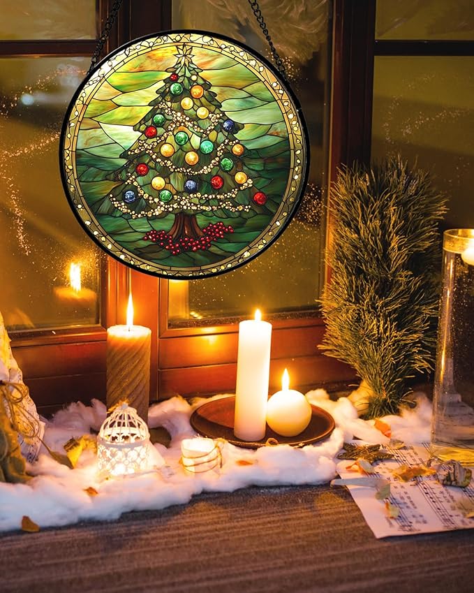 Stained Glass Window Hanging - Green Christmas Tree Gold Ribbon Suncatcher for Doors Home Christmas Decoration Sun Catcher Thanksgiving New Year Birthday Gifts for Women Men Mom Nana 6.3 in