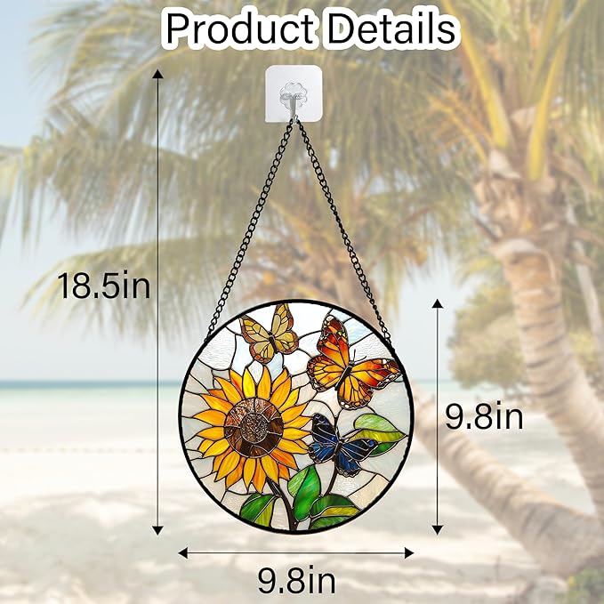 Stained Glass Window Hanging, Butterfly and Sunflowers Sun Catchers Glass Panel Plant Insects Suncatcher Decor for Birthday for Women, Men, Wife, Aunt, and Mom 9.8 in