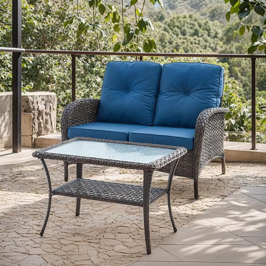 HUMMUH Outdoor Loveseat Sofa 2-Seat PE Wicker Outdoor Couch with Coffee Table,Deep Seat High Back Outdoor Patio Furniture for Patio,Garden,Porch,Deck(Blue)
