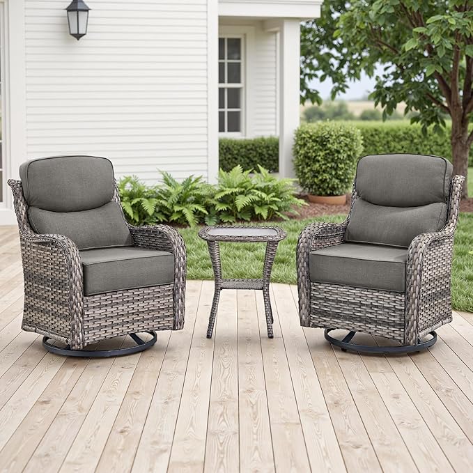 Rilyson Outdoor Patio Swivel Rocker Chairs Set of 2, Waterproof Wicker, High Back, Deep Seating, Wide Armrest, Upgraded 6 inch Thick Cushions, Side Table, Ideal for Deck Porch Yard, Mixed Grey-Grey