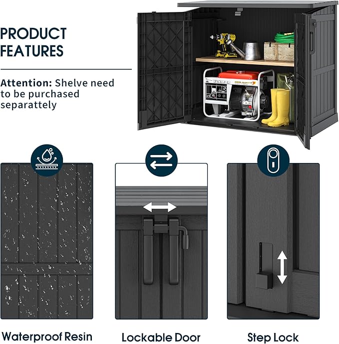 Outdoor Storage Shed 36 Cu. Ft. Resin Garden Horizontal Storage Extra Large Capacity Weather Resistant Storage Box, Lockable Resin Waterproof Shed, Black