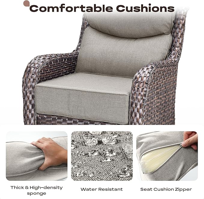 Rilyson 6 Piece Outdoor Patio Swivel Rocker Chairs, Waterproof Wicker, High Back, Deep Seating, Wide Armrest, Upgraded 6 inch Thick Cushions, Side Table, Ideal for Deck Porch Yard, Brown/Beige