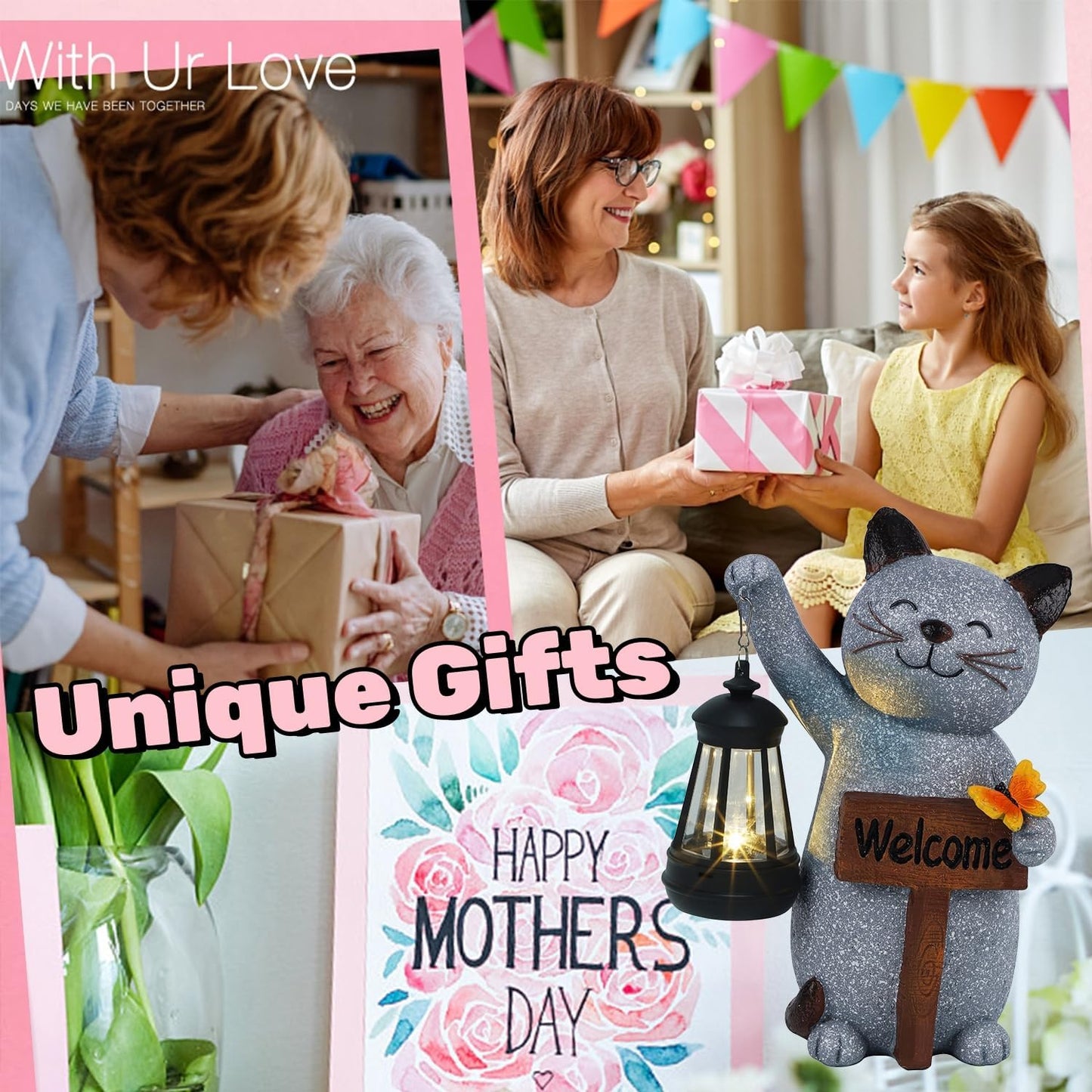 Juegoal Garden Statue Solar Cat Figurine with Lantern, 10" Resin Kitten Outdoor Lawn Porch Yard Art, Lighted Christmas Birthday Gifts for Mom Grandma