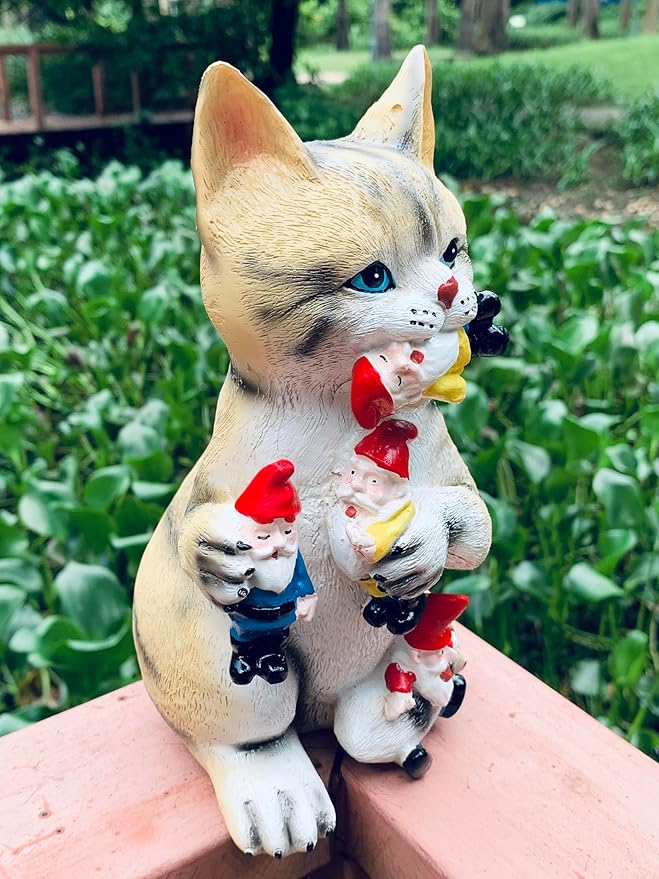 Garden Cat Eating Gnomes Statues Funny Gnome Decor for Outdoor Patio Lawn Yard Decor (cat Eating)