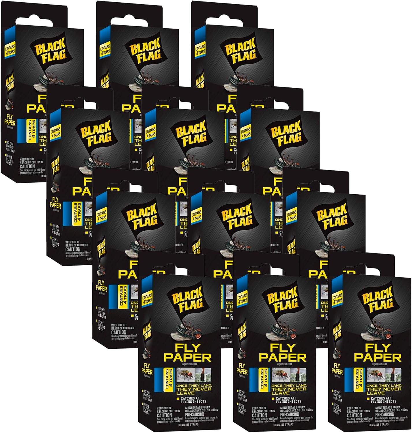 Black Flag Fly Paper, Insect Trap, Catches All Flying Insects 4 Traps (Pack of 12)
