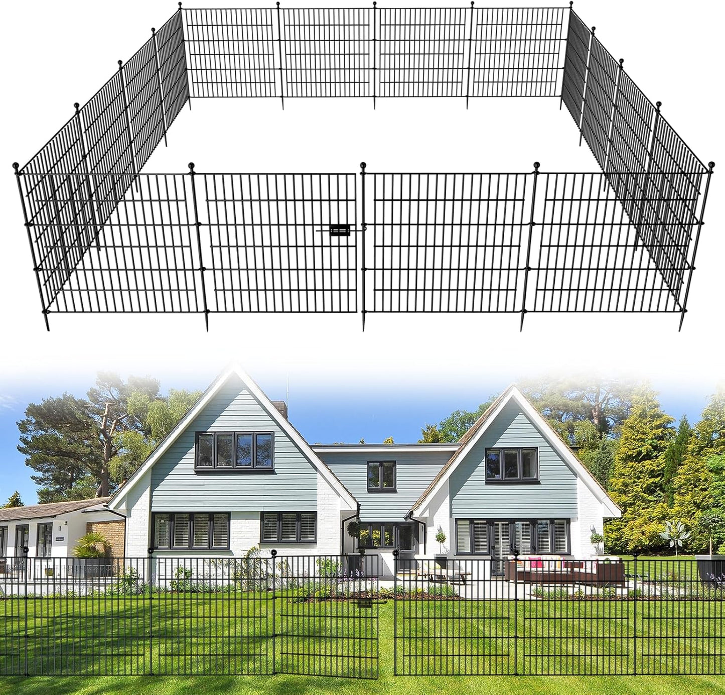 25 Panels No Dig Decorative Outdoor Garden Fence for Yard with Gate, 32 in(H) X 59 ft(L) Animal Barrier Fencing Rustproof Metal Wire Panel Border for Dog, Rabbits, and Patio Temporary Ground Stakes