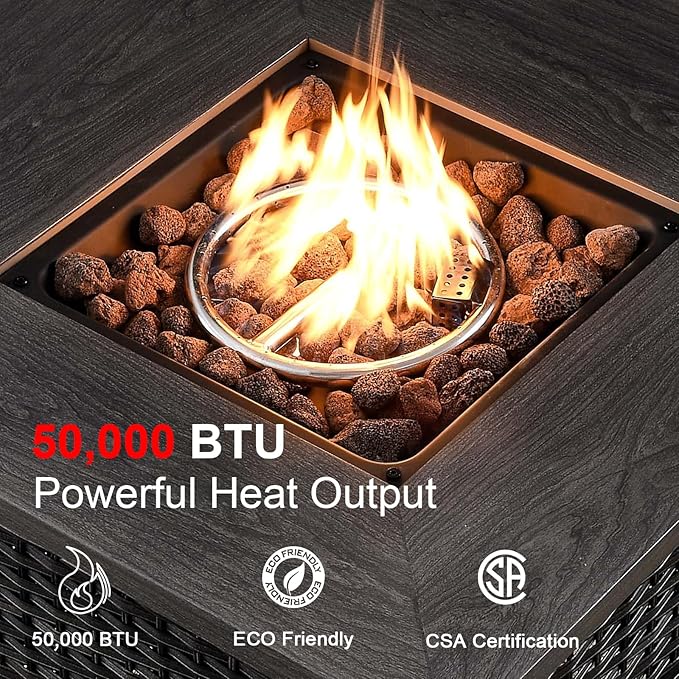 HUMMUH Wicker Patio Furniture Set with Patio Swivel Chairs Set of 4 and 50,000 BTU Fire Pit Table,6 Inch Thick Cushions High Back Outdoor Swivel Rocker Chairs Set for Porch, Balcony, Deck