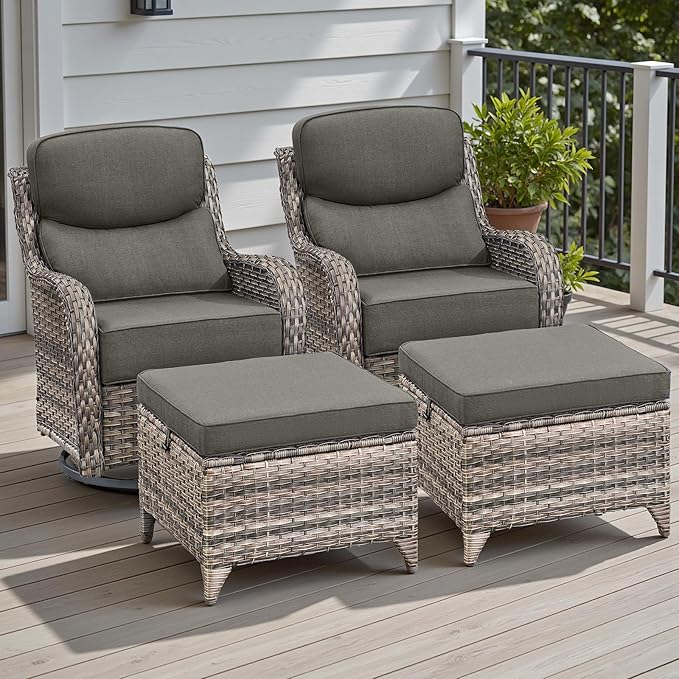 Rilyson Outdoor Wicker Patio Furniture Set - 4 Piece Patio Conversation Set with Swivel Rocker Chairs and Ottomans, 6 inch Cushions, High Back, Deep Seating, for Porch Deck Garden Mixed Grey/Grey