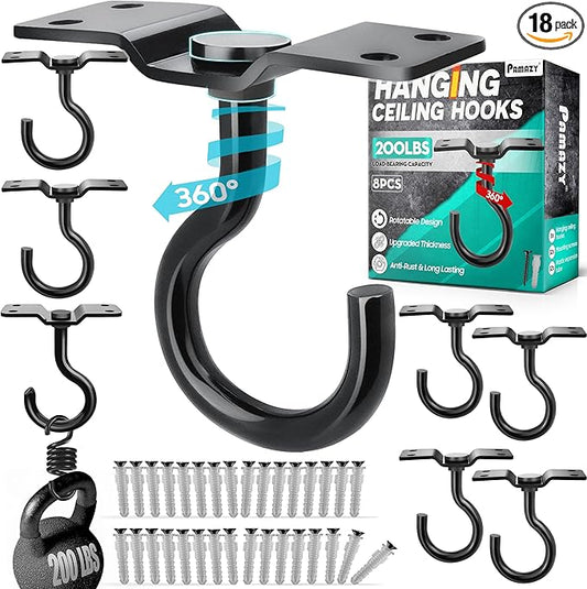 [Upgraded] 8Pcs 200LBS Rotatable Ceiling Hooks with 4 Screw Points Plate Base, Black Wall Mount Metal Hanger for Hanging Plants, Bird Feeders, Lanterns, Lights, Wind Chimes, Indoor Outdoor Decor