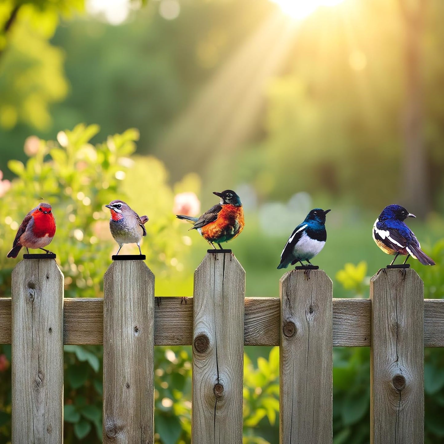 HUYIENO 5PCS Vivid Metal Birds Fence Decor Color Painted Outdoor Garden Natural Bird 2D Sculptures for Outdoor Fences, Patio, Garden and Bird Lovers