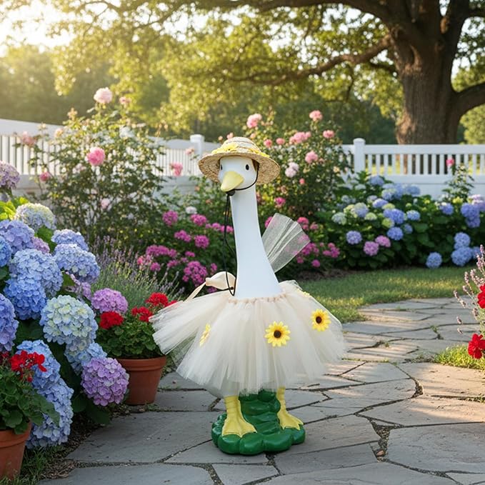 Goose Statue with Summer Sunflower Outfit Set - 20″ Goose Birthday Decor, Funny Ducks Yard Garden Outdoor Decor, Resin Animal Sculptural Patio Yard Ornament, Gifts for Women/Grandma