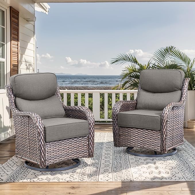 HUMMUH Wicker Patio Furniture Set with Patio Swivel Chairs Set of 4 and 50,000 BTU Fire Pit Table,6 Inch Thick Cushions High Back Outdoor Swivel Rocker Chairs Set for Porch, Balcony, Deck