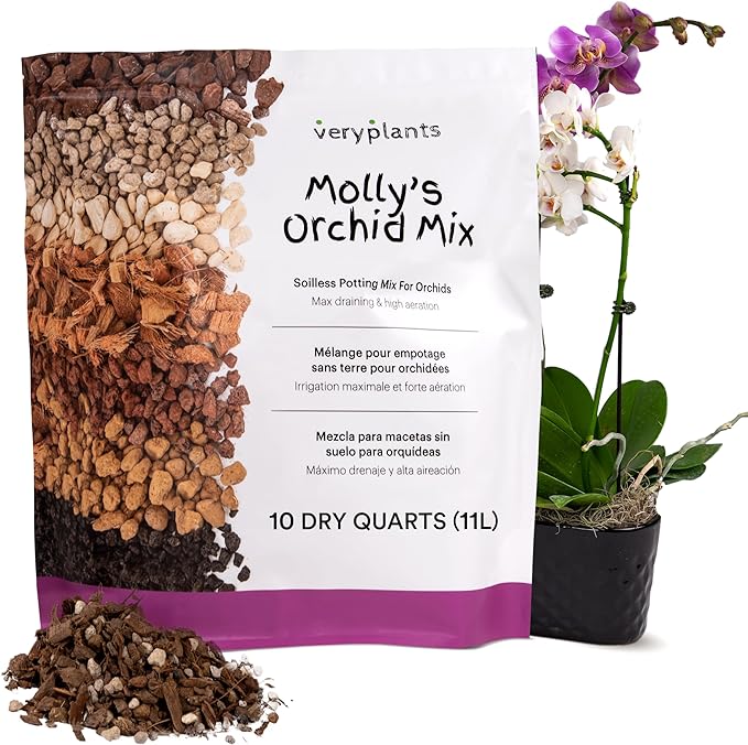 Molly's Orchid Potting Mix - Premium Gritty Soilless Orchid Mix - Chunky High Drainage vs Standard Potting Soil for Indoor Plants - Contains Bark, Coco Chips, Akadama, Pumice, Lava Rock 11 Liters