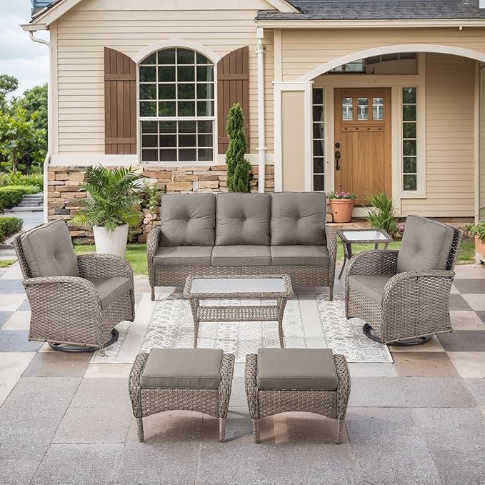 HUMMUH 7 Pieces Outdoor Furniture Set-All Weather Wicker Rattan Couch with Outdoor Rocking Chair Patio Furniture for Deck Lawn Porch Balcony Poolside-Grey/Grey