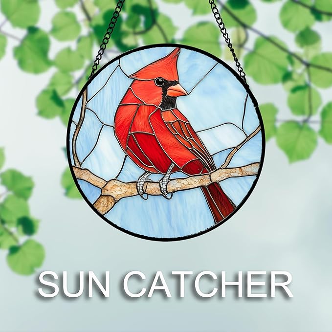 Stained Glass Window Hanging 4 Pcs Set Cardinal Blue Birds 7.8" - Suncatcher Door Garden Sun Catcher Decor Birthday Mother's Day for Bird Lovers Men Woman Nana Friend