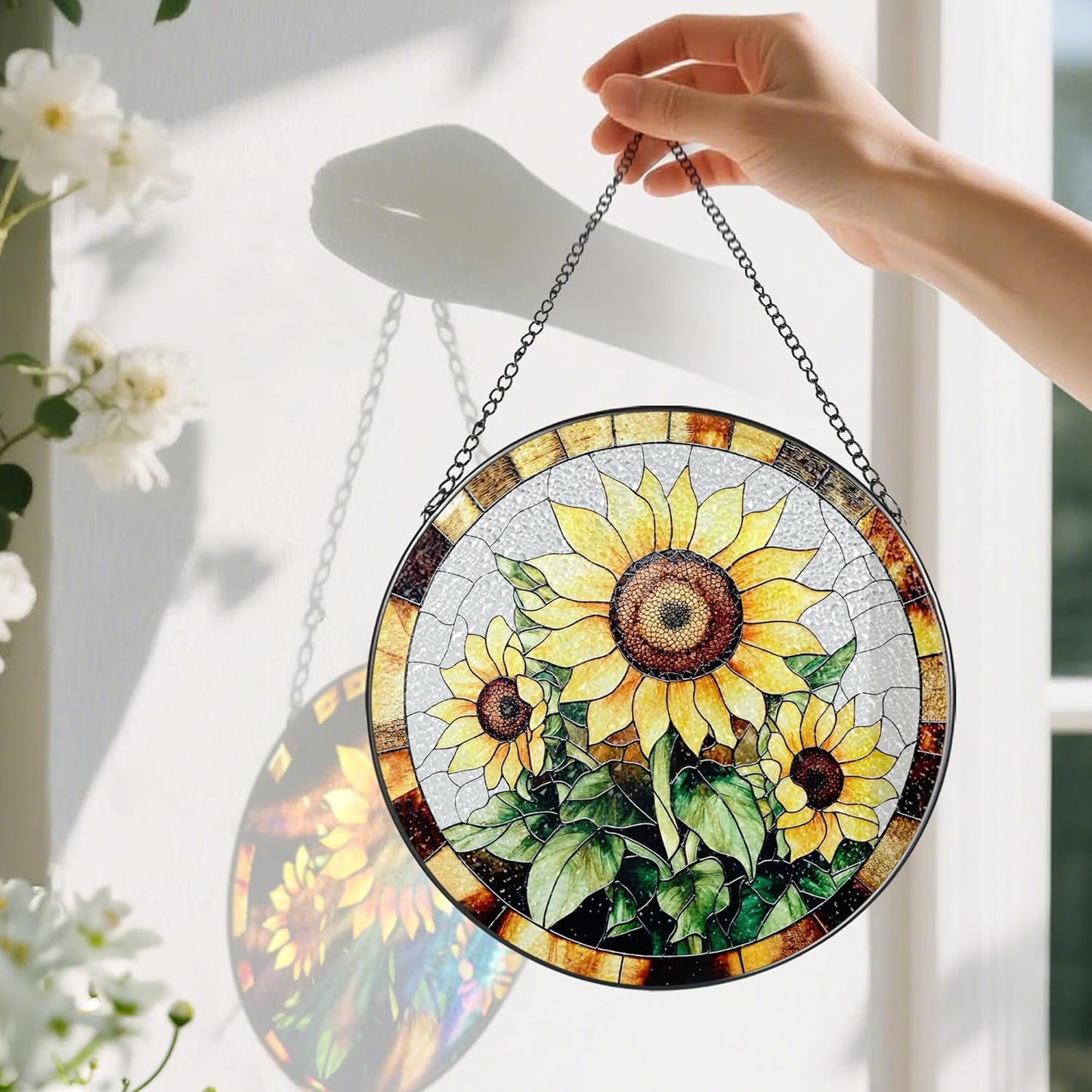 Sunflower Stained Glass Suncatcher, Stained Glass Window Hanging, 8 Inch Sunflower Suncatcher, Sunflower Glass Window Decor, Christmas, Mother's Day, Birthday, Gifts for Mom, Grandma Gift