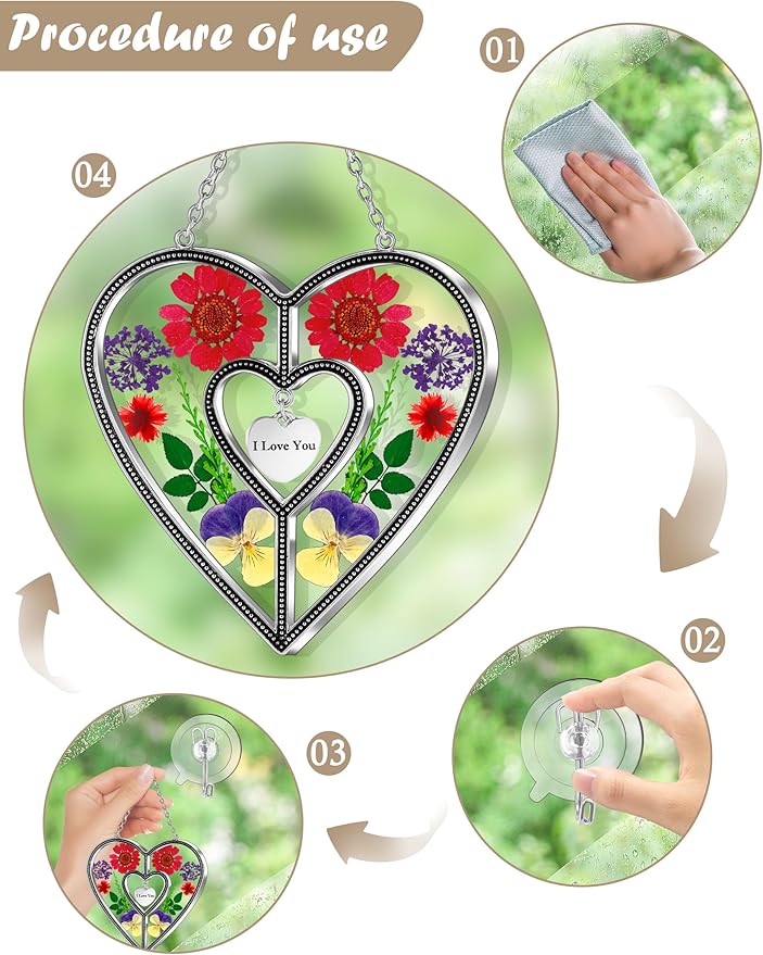 KY&BOSAM Heart Suncatchers I Love You Stained Glass Hangings for Windows Suncatcher Birthday Gifts for Women Mothers Valentine`s Day Real Flower Glass & Metal Maker for Christmas Party Home Decor