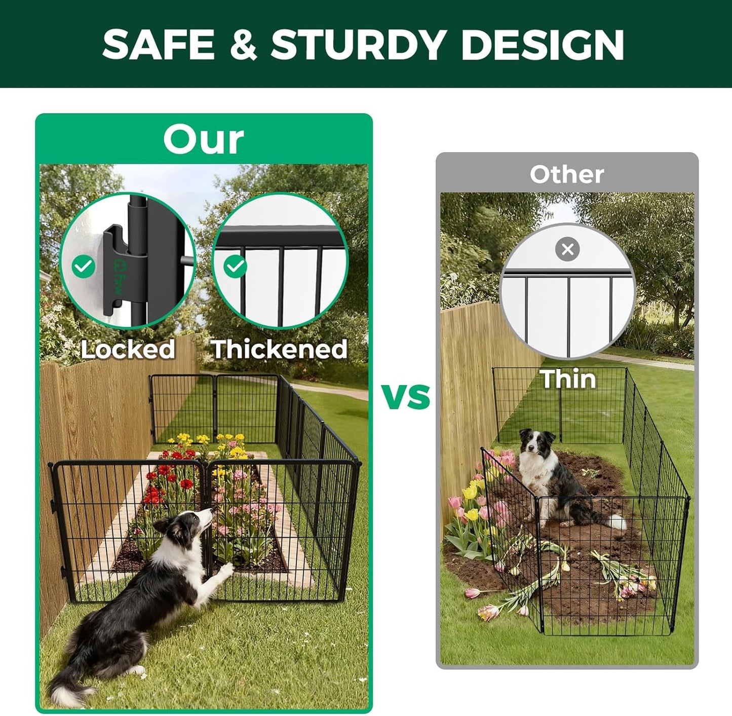 FXW Garden Fence Outdoor for The Yard – 32in(H) x 18.2ft(L) Heavy Duty Metal Animal Barrier for Dog and Rabbit, Decorative Dog Fence with Fence-to-Wall Anchor (Pack of 4), 8 Panels, Black