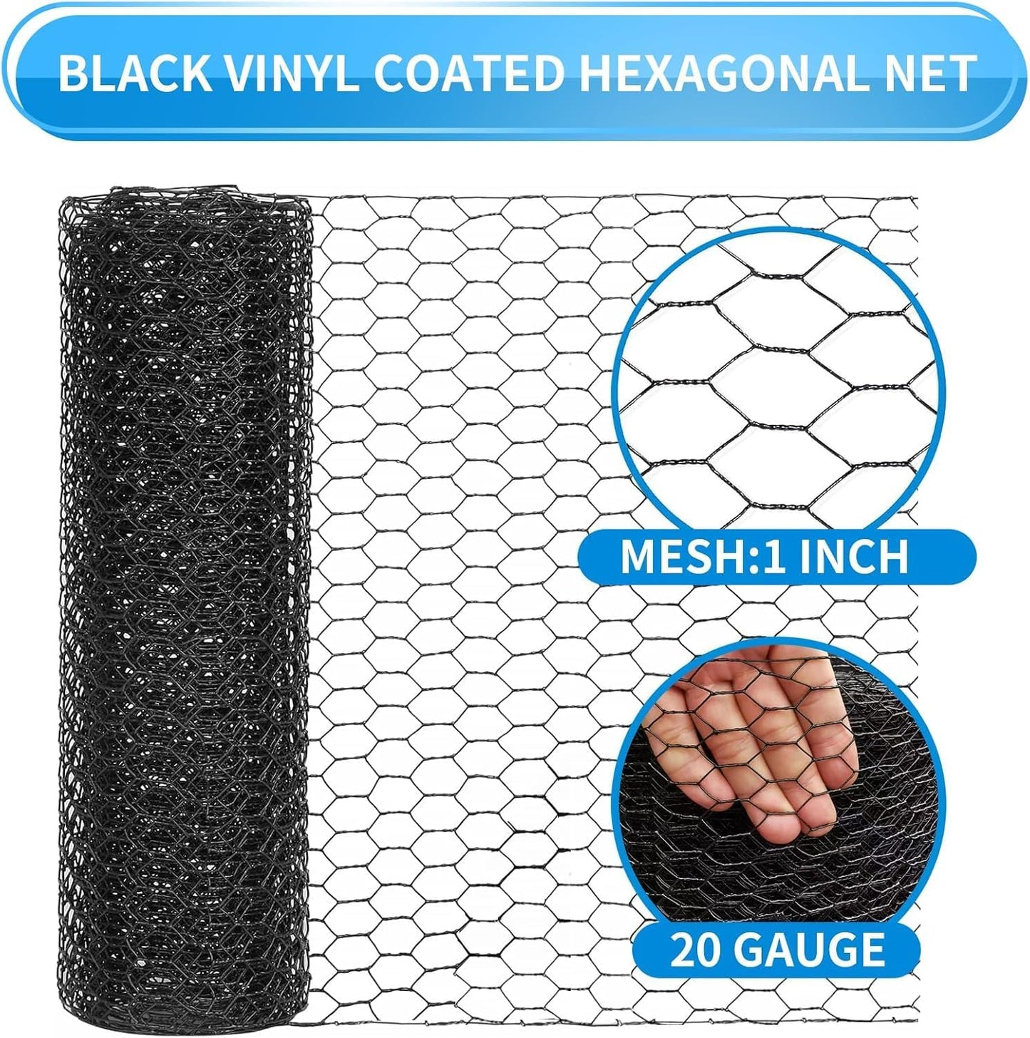 12'' x 50' Black Chicken Wire Fencing, 1 inch Chicken Wire and 20 Gauge Poultry Netting, Garden Mesh Fence Roll for Floral Arrangements/Crafts/Farm/Livestock/Pet Protection