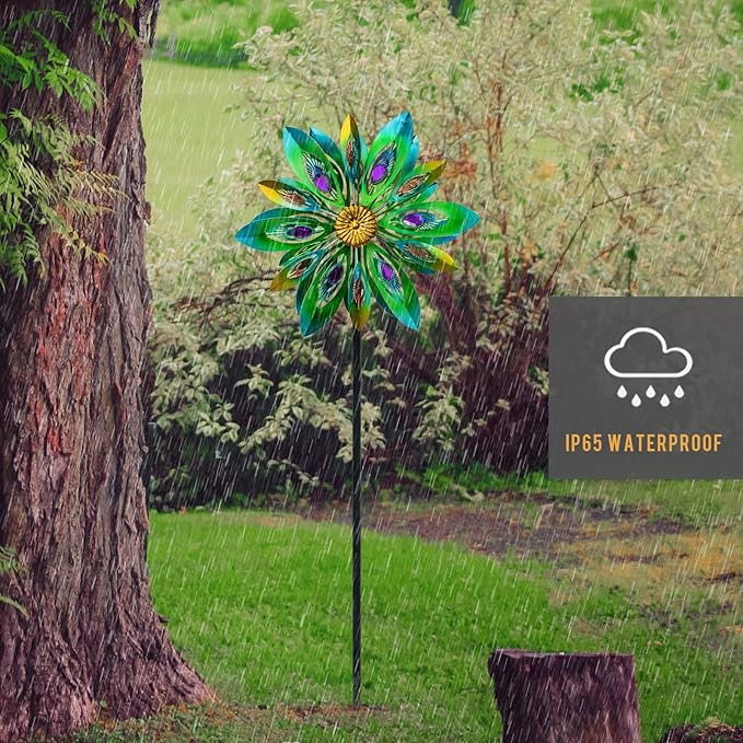 53 Inch Wind Spinner - Outdoor Metal Peacock Wind Sculptures for Garden, Patio, Yard, Lawn Decorations Double Windmill Spinner