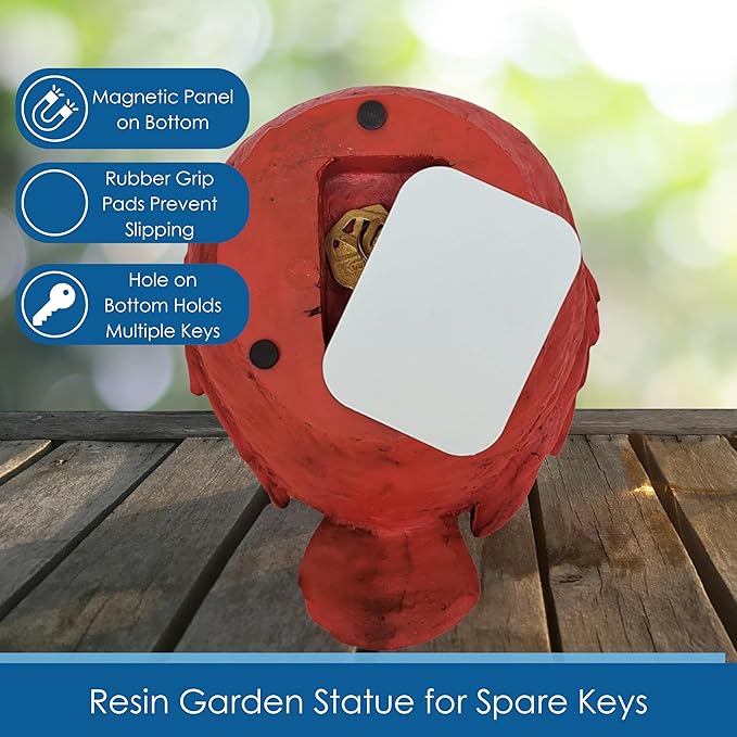 Stocky Cardinal Garden Statue and Key Hider - Hides a Secret Extra Hidden Key Outside in Garden, Yard or Porch