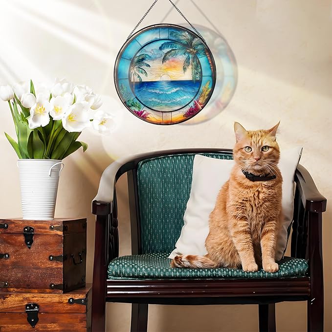 RIVEENY Blue Ocean Sunset Glass Window Hanging Decor,8" Stained Glass Sun Catcher Hanging Decoration with Metal Chain-Sun Catchers for Window Decor Outdoor Garden Decor Gift (Oceans)