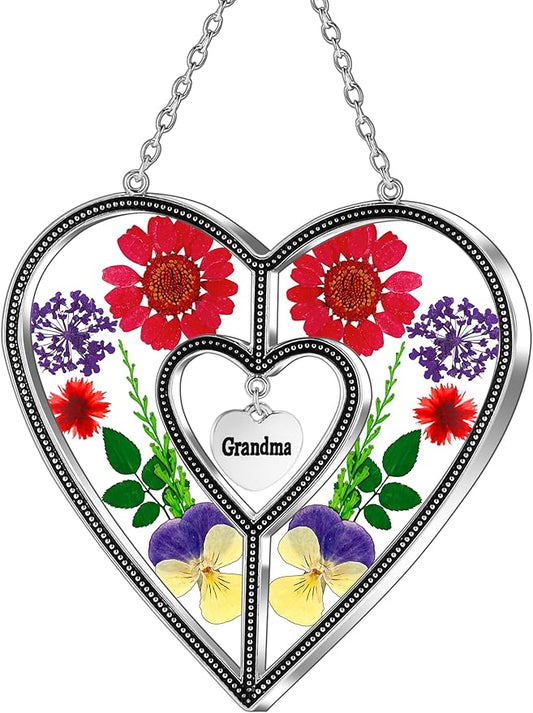 KY&BOSAM Heart Suncatchers Grandma Gift Ornament Stained Glass Sun Catcher Garden hangings Windows with Pressed Flower Heart Embedded in Glass Gifts for Grandma Mother`s Day Birthday Gifts