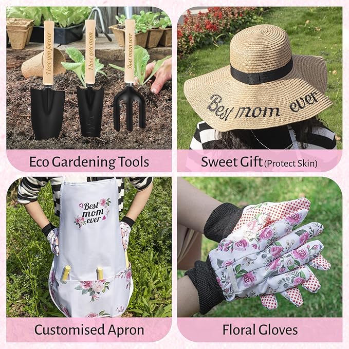 Gifts for Mom,7 Piece Womens Gardening Kit with Pink Gardening Tools,Straw Hat, Floral Gardening Apron and Gloves,Mothers Day Garden Gifts Pink