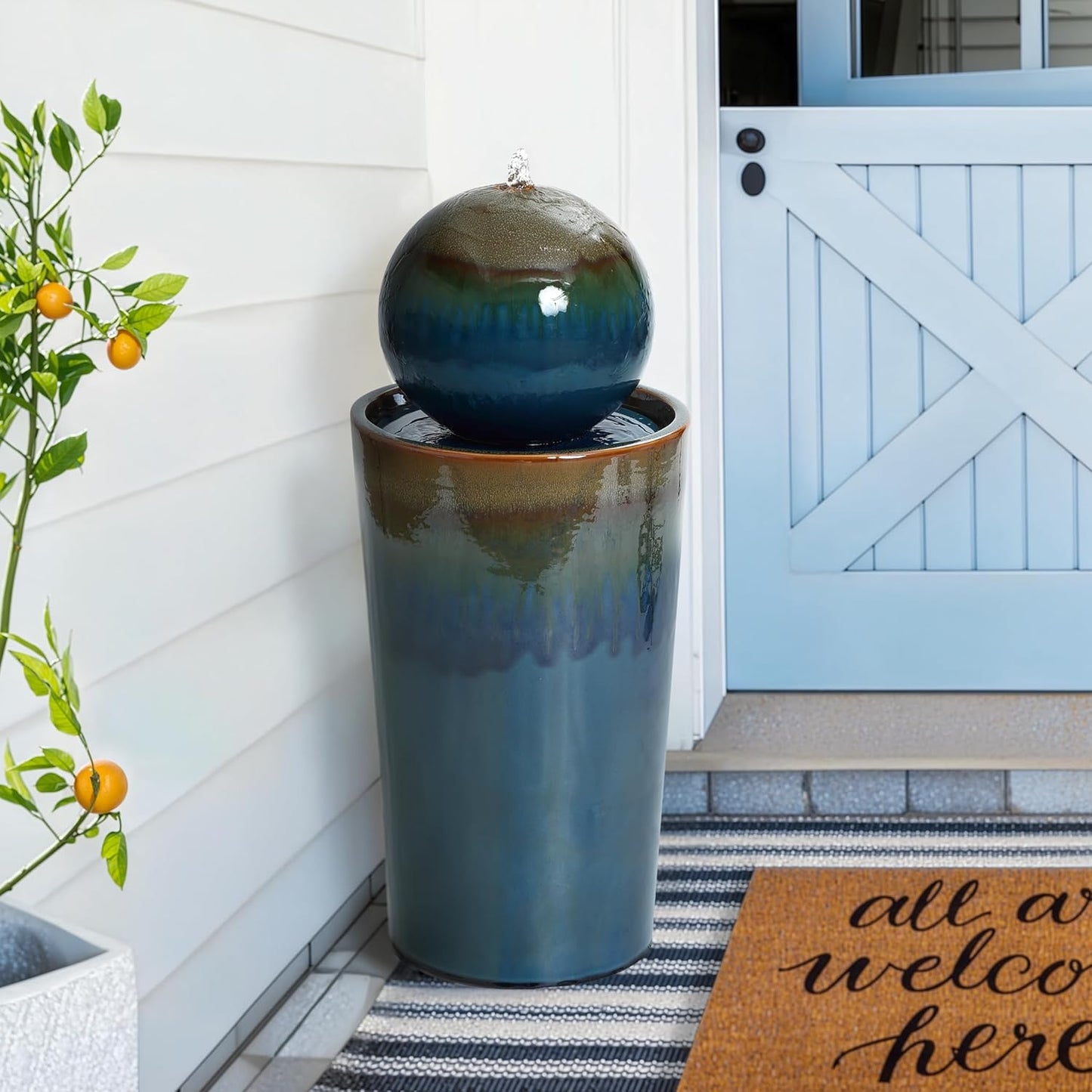 LuxenHome 30" Water Fountain Outdoor and Indoor, Glazed Blue Bubbling Sphere Ceramic Garden Outdoor Water Fountain, Elegant Modern Waterfall Garden Decor for Patio, Lawn, and Backyard