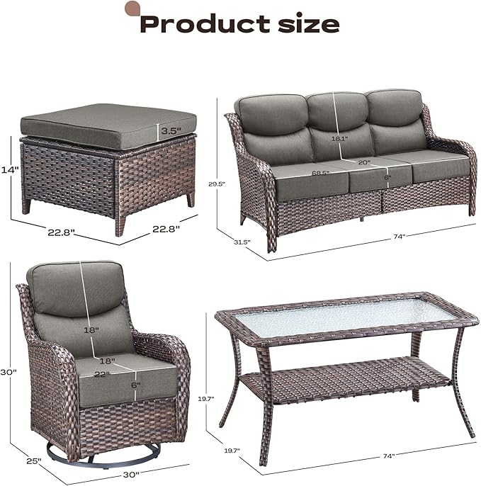 Rilyson Wicker Outdoor Patio Furniture Set - 8 Piece Patio Conversation Sets with Swivel Rocker Chairs, Ottomans, Sofa and Table, 6 inch Cushions, Deep Seating, for Porch Deck Brown/Grey
