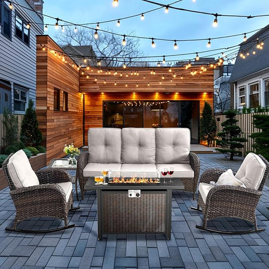HUMMUH 5-Piece Patio Furniture Set with Fire Pit,Wicker Outdoor Rocking Chairs Patio Sofa for Backyard,Poolside,Deck