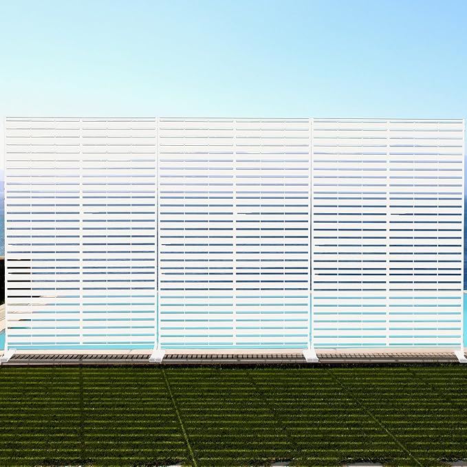 Kozyard Metal Privacy Screen 74" H x 47.2" W Decorative Outdoor Divider with Stand Panels Freestanding Screen Set for Deck Patio Balcony Garden Outdoor&Indoor (White/Horizontal Slat)