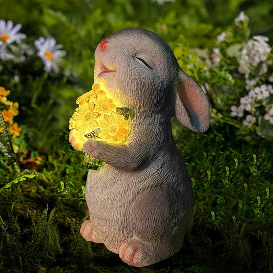 Solar Rabbit Garden Statues Outdoor Bunny Decor Resin Rabbit Figurine Holding Sunflower with LED Lights for Proch Patio Lawn Yard Christmas Housewarming Gardening Gifts for Mom Grandma