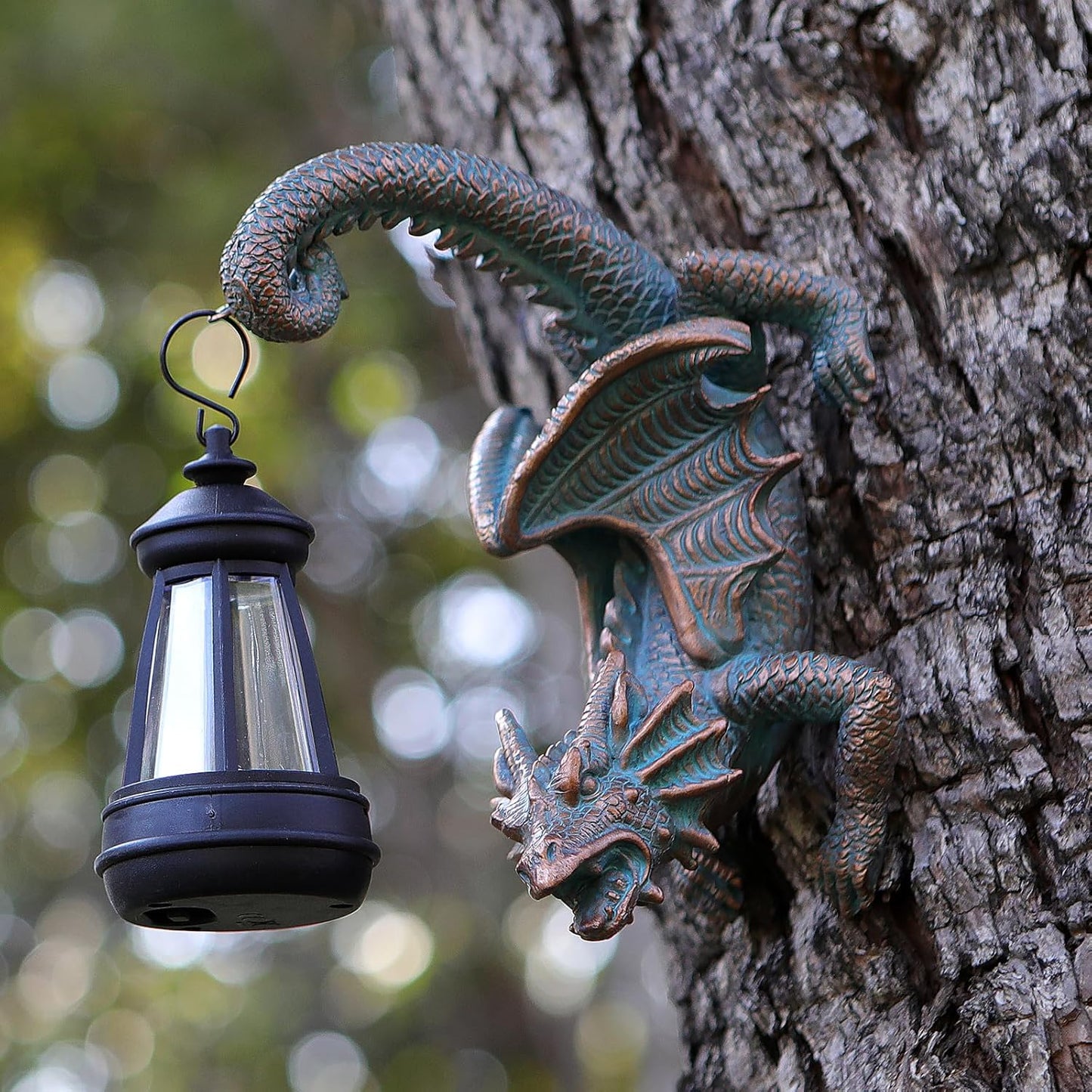 Solar Dragon Tree Hugger Statue Wall Decor - Gothic Garden Statue with Solar Lantern, Outdoor&Yard Decor, Fantasy Dragon Figurine for Trees, Walls, or Fences - Unique for Men & Women