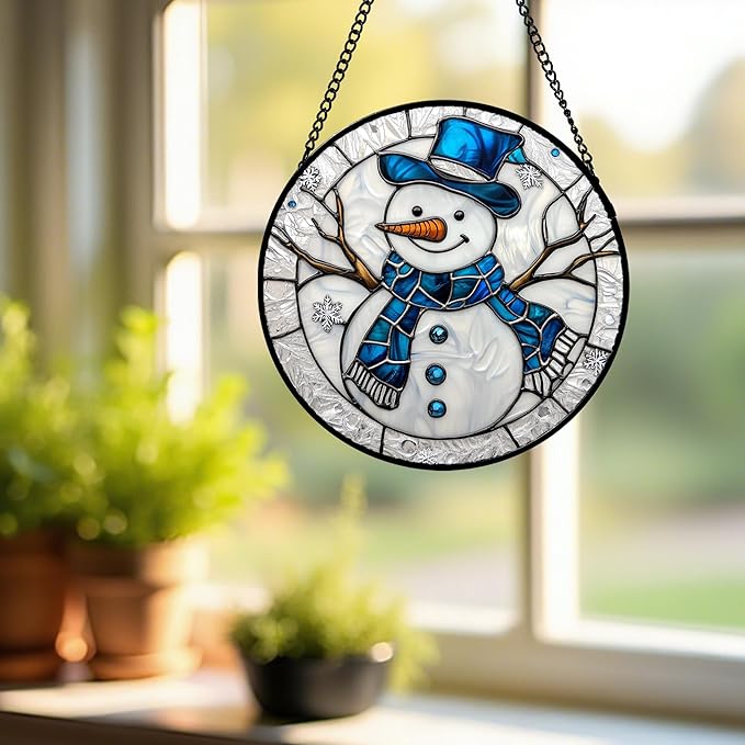 Stained Glass Window Hanging Christmas Snowman Blue White 9.8" - Suncatcher Door Garden Sun Catcher Home Decor Birthday Mother's Day Xmas Gift for Mom Men Woman Her Nana Parents Girl