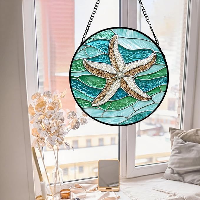 Stained Glass Window Hanging Teal Sea Waves Starfish Large 15" - Suncatcher Door Garden Sun Catcher Home Decor Birthday Mother's Day for Mom Men Woman Parents Her Child Nana