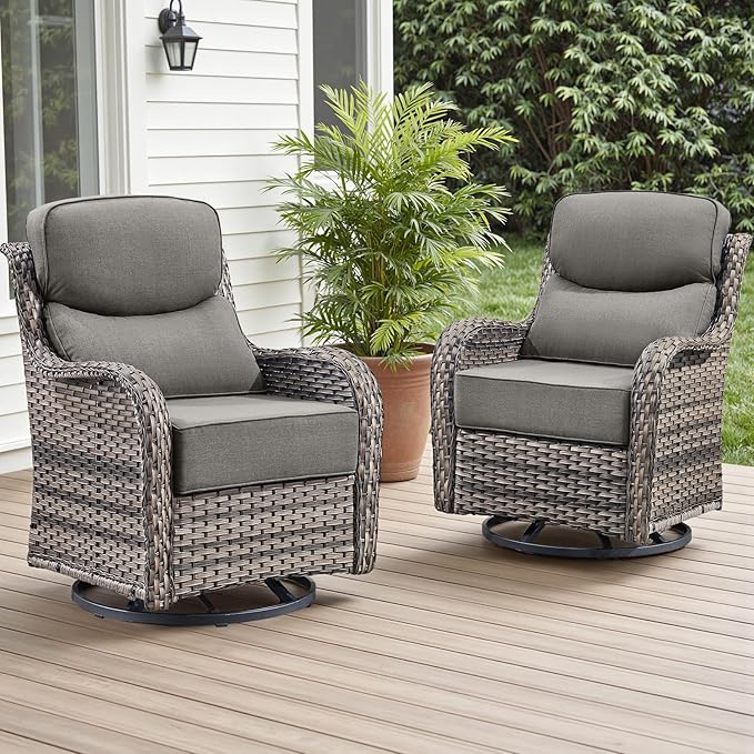 Rilyson Outdoor Patio Swivel Rocker Chairs Set of 2, Waterproof Wicker, High Back, Deep Seating, Wide Armrest, Upgraded 6 inch Thick Cushions, Ideal for Deck Porch Backyard, Mixed Grey-Grey