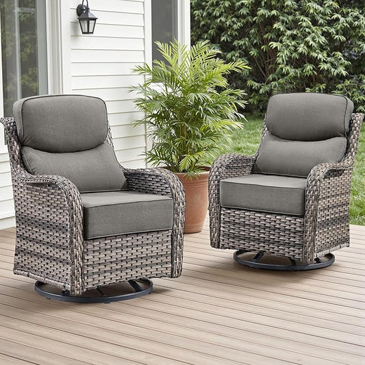 Rilyson Outdoor Patio Swivel Rocker Chairs Set of 2, Waterproof Wicker, High Back, Deep Seating, Wide Armrest, Upgraded 6 inch Thick Cushions, Ideal for Deck Porch Backyard, Mixed Grey-Grey
