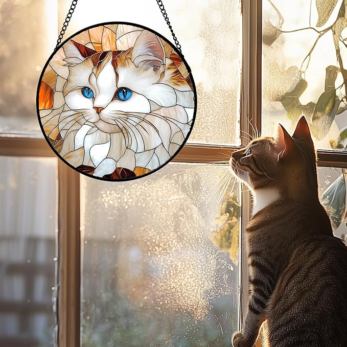 Stained Glass Window Hanging 4 Pcs Set Cute Cat and Dog Large 15" - Animal Suncatcher Door Garden Sun Catcher Decor Birthday Mother's Day for Mom Woman Nana Girl Boy Friend