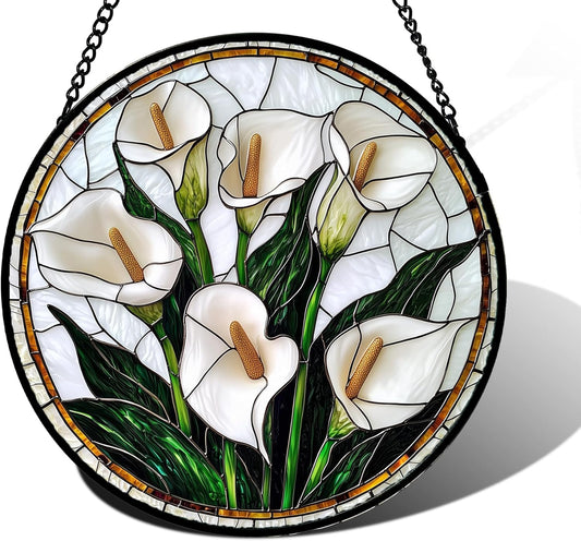 Stained Glass Window Hanging, White Calla Lily Flowers Sun Catchers Glass Panel Plant Suncatcher Decor for Birthday for Women, Men, Wife, Aunt, and Mom 11.8x11.8 in