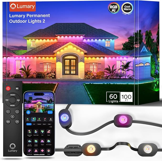 Lumary Smart Permanent Outdoor Lights 2 with Remote & Slide-Base, 100ft with 60 RGBAICW LEDs 3600lm for House Daily & Accent Lighting, 110+ Modes for Christmas Decor, Work with Alexa Google, Black