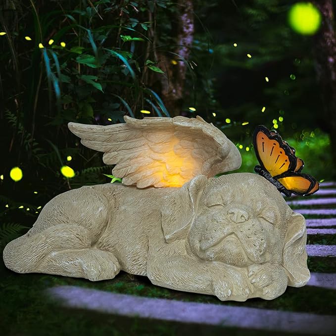 WONDER GARDEN Sleeping Dog Angel Statue with Solar Light - Pet Memorial Stone, in Memory of Dog, Marker Tribute Statues, Resin Guardian Angels, Bereavement Gift