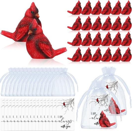Roowest 72 Pcs Memorial Cardinal Gift Set Include Mini Red Cardinal Bird Statue Figures and Red Feathered Cards and Bags for Sympathy Memorial Gift