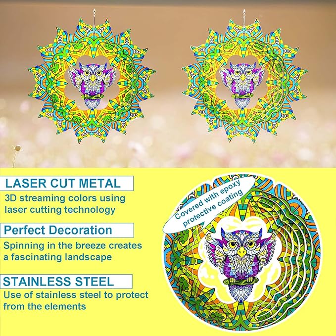 Wind Spinner Colorful Owl 12 inch 3D Stainless Steel Laser Cut Metal Double Sided Printing-Hanging Indoor/Outdoor Decorations Yard Gardening Decor,Metal Kinetic Art Ornament Gifts