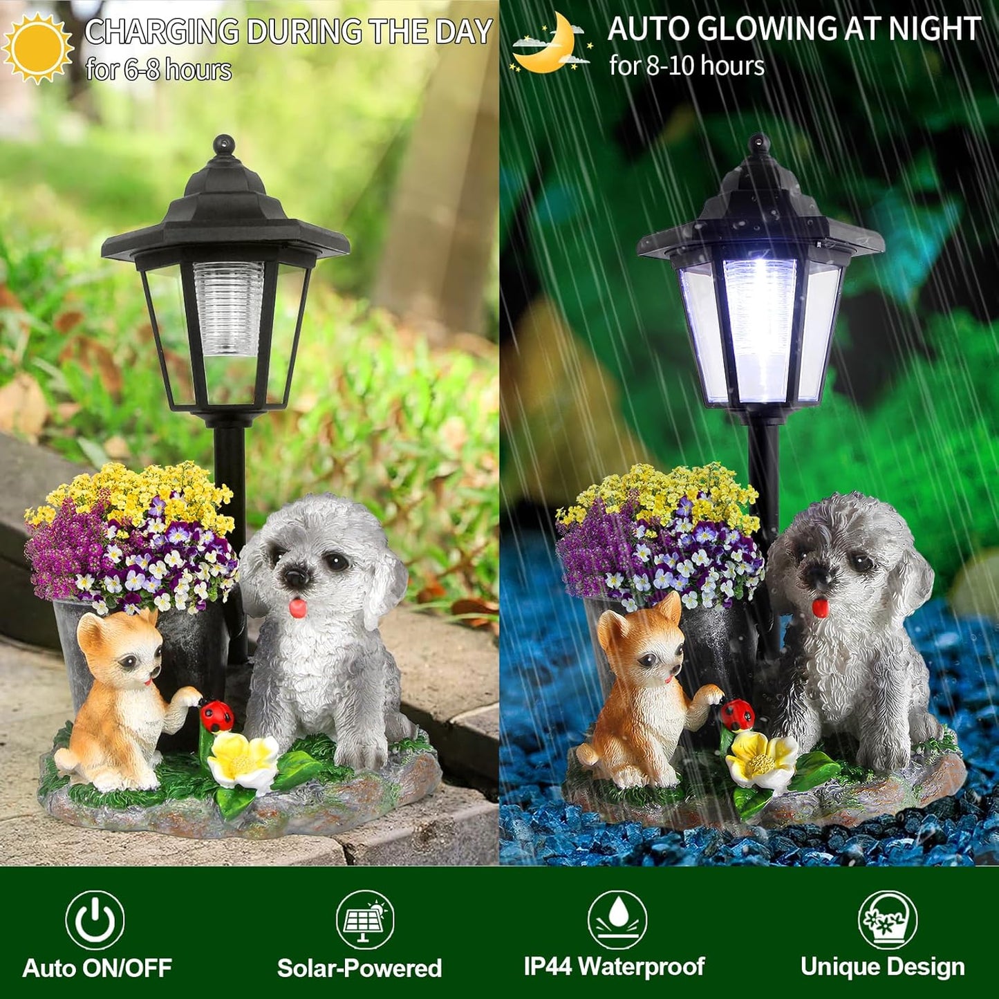 Garden Dog Statue,Resin Teddy & Cat Figurine with Solar LED Light,Flower Pots Planters Pots for Succulent,Outdoor Sculpture for Patio Balcony Yard Lawn Decor,Unique Gift for Dad Mom Grandma